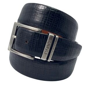 Hugo Boss Men's Belt Genuine Leather Black Crocodile Embossed 34 Made in Italy